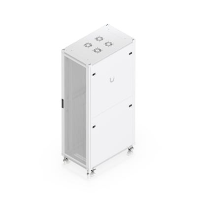 Ubiquiti 42U rackskab med 1000 mm dybde og perforeret dør, set skråt med blæsere på toppen.