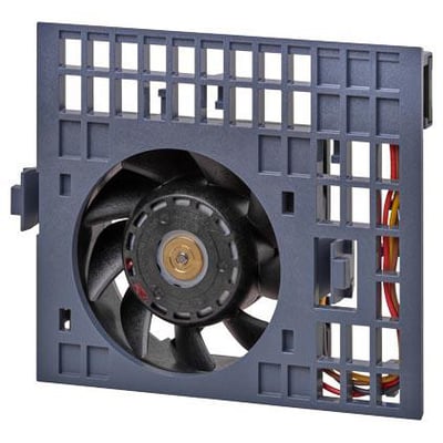 Siemens Sinamics S210 udskiftningsfan FSC 6SL3260-0AC00-0AA0 til 400V 3AC, viser blæser med grå plastramme og ledninger.