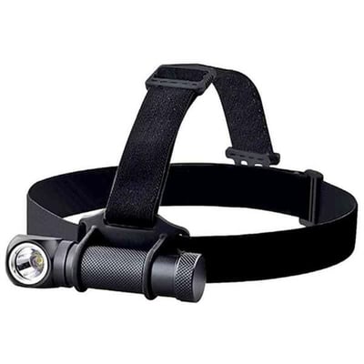 Sort Ironside genopladelig LED-pandelampe med cylindrisk lampehus monteret på et justerbart pandebånd.