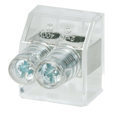 Transparent dobbelt kombi samlemuffe til 2 x 10 mm² kabler med synlige skruer til fastspænding, mærket med 400V.