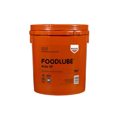 ROCOL FOODLUBE Auto SF smørefedt på 18 kg i en orange spand med tydelig mærkning, herunder NSF-H1 godkendelse og produktnavn.