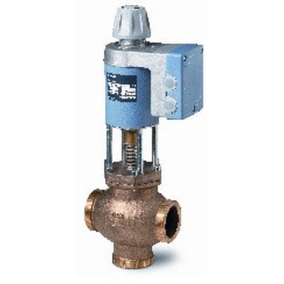 Siemens MXG461B50-30 magnetisk ventil med udvendigt gevind og messinghus, PN16, DN50, kvs 30, 24V. Ventilen har en blå styreenhed og grå drejeknap.