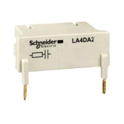 Schneider Electric RC-beskyttelse LA4-DA2U i hvid plast med 110-240V AC mærkning og gyldne kontakter, til motorstarter.