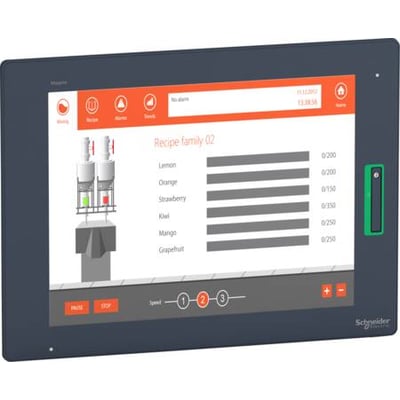 Schneider Electric Magelis HMI GTU 15" touch display med XGA-opløsning, der viser en opskriftsliste med ingredienser og mængder.