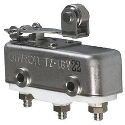 Omron TZ-1GV22 højtemperatur-grundafbryder med kort hængselrullehåndtag, 1 A, viser dens metalhus og aktiveringsmekanisme.