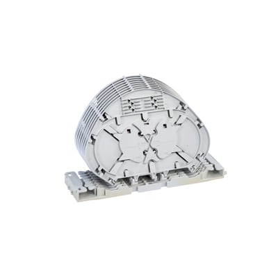 CommScope FIST splicekassette SOSA2 med 8 UMS enheder til 32 fiber samlinger, vist i grå plast med tydelige rum til kabelstyring.