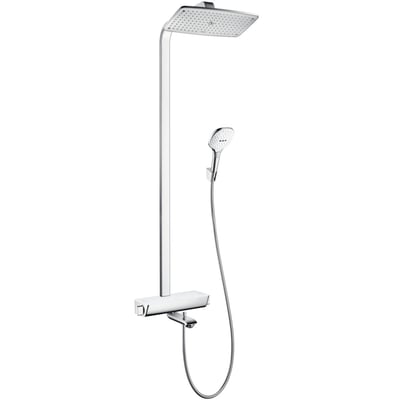 Komplet Hansgrohe RD Select Showerpipe 360 karbrusersystem i blank krom, med tydelig visning af termostat og brusefunktioner.