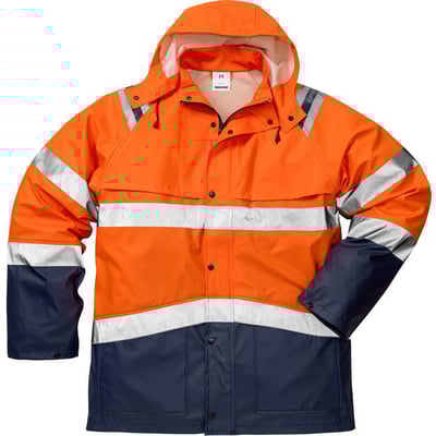 Kansas hi vis regnjakke kl. 3 4624 i str. L, orange og mørkeblå med reflekser og aftagelig hætte.