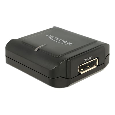 Sort DeLock DisplayPort 1.2-repeater til 4K ved 60 Hz set skråt ovenfra med DisplayPort-udgangen synlig.