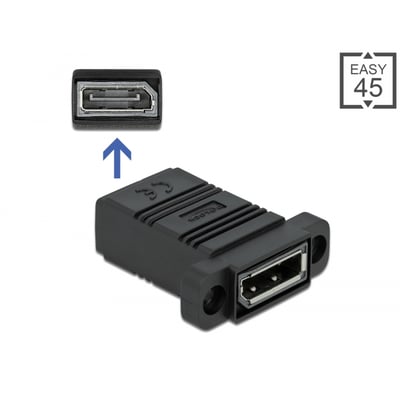 Sort DeLock Easy 45 lige DisplayPort-adapter med hunstik i begge ender og to monteringshuller, set skråt forfra.