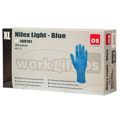 Sidevisning af Boisen Safety Nilex Light blå engangshandske-kasse, der viser XL-størrelse, 100 stk., PF-160701 og CE-certificering, samt en illustreret blå handske.
