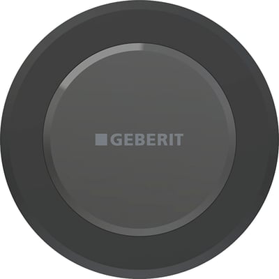 Geberit Type 10 skyllestyring i matsort finish, viser den runde betjeningsplade med Geberit logo.