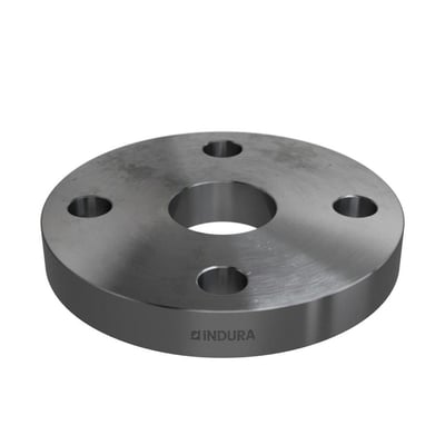 Grå stålflange fra Indura til 25-33,7 mm rør, PN10-40, med fire bolthuller og afdrejet kant.
