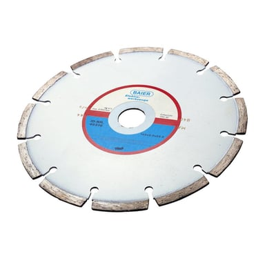 Baier diamantskive Ø185 mm, 22 mm huldiameter, hvid serie, med tydelige diamantsegmenter og mærkning for anvendelse.