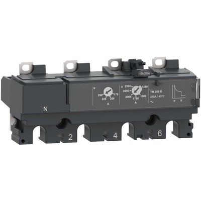 Schneider Electric TM50D 4P4D relæenhed med 50A mærkestrøm og justerbar overbelastningsbeskyttelse, vist fra siden med tydelige markeringer.