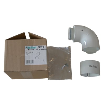 Vaillant ecoTEC-bøjning i grå PP til balanceret aftræk, 60/100 mm, vist sammen med emballage og tilbehør.