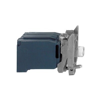 Schneider Electric Harmony Style 4 lampekrop til 230-240VAC i mørkeblå og metal med monteringsdetaljer.