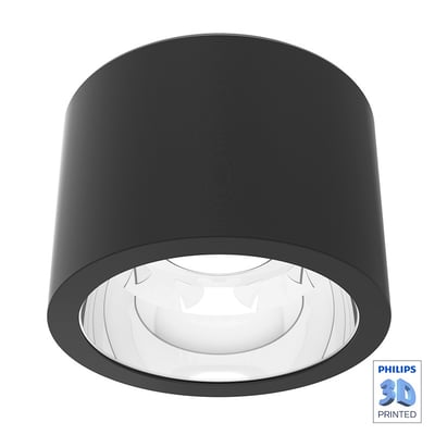 Philips KT-serie sort påbygningsdownlight med 2000 lm, 4000K hvidt lys og 3D printed logo.