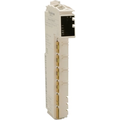 Schneider Electric Modicon TM5SBET1 busmodul transmit, vist fra siden med fokus på de gyldne kontakter og hvidt kabinet.