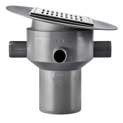 Purus Multiflex 110mm grå afløbsskål med lodret udløb, rustfri rist og flange til smøremembran.