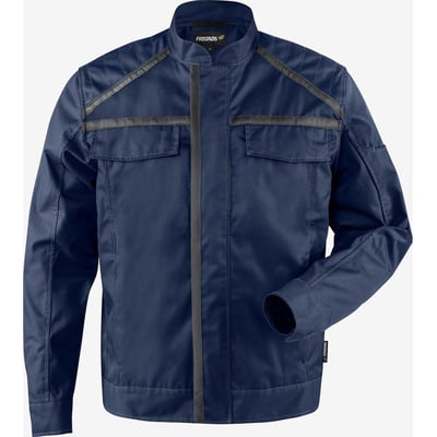 Marineblå arbejdsjakke GRT 129928 fra Fristads i genanvendt polyester og Tencel, med to lommer og mørkegrå detaljer.