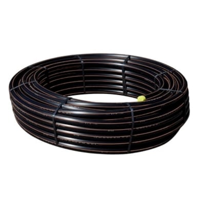 Evopipes Wavin PE80-rør på 40 mm med sort overflade og brun stribe, oprullet i en stor ring.