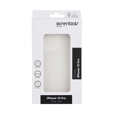 Essentials ultra slim soft case emballage for iPhone 15 Pro, transparent klar plast med illustrationer af funktioner.