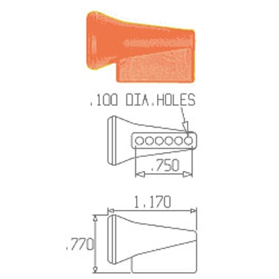 Orange vinkeldyse Loc-Line 6XØ2,5, med dimensioner og tegning der viser 6 huller af 2,5mm. Bruges til præcis væskestrøm.