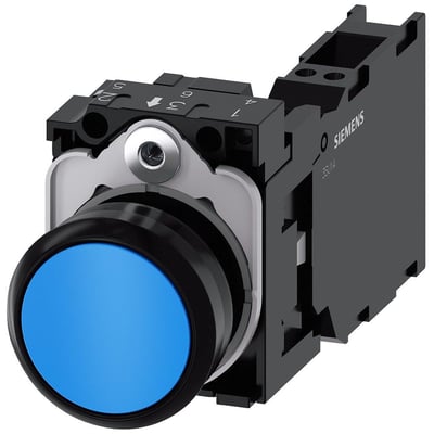 Siemens trykknap 22 mm, rund, blå og flad i plast med holder 1 NO+1 NC og fjederterminal monteret.