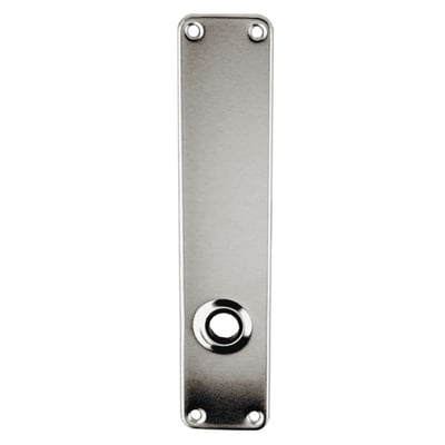 Assa Abloy langskilt 5303 i rustfrit stål med hul til dørgreb og fire skruehuller, set forfra.