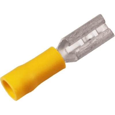 Nærbillede af Elpress isoleret spademuffe, lysegul PVC-isolering, viser den fortinnede messing-tilslutning til 0,1-0,5 mm² ledere.