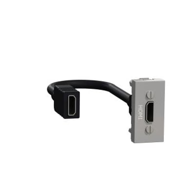Schneider Electric New Unica enkelt HDMI udtag i aluminium med kabel og hun-stik, monteret på en lys baggrund.