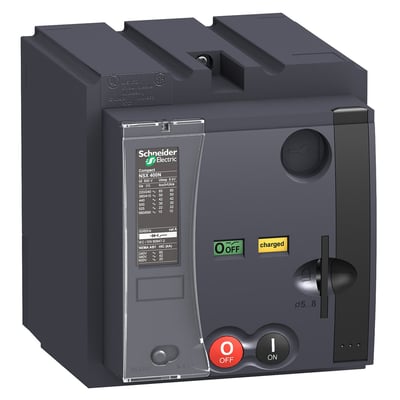 Schneider Electric Compact NSX N340N med motordrev MT400/630, tydeligt mærket med specifikationer og betjeningsknapper.