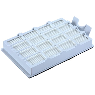 Makita HEPA-filter til VC008G og VC009G med hvidt, foldet filterelement i en rektangulær ramme, set skråt ovenfra.