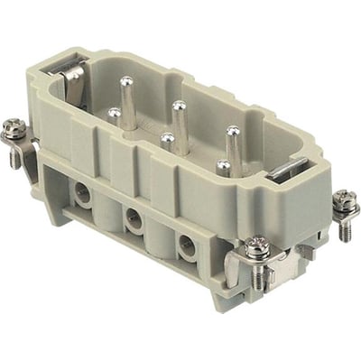 Nærbillede af Harting Han HSB 16B stikindsats, der viser de 6 hanstik og skrueterminaler i detaljer.