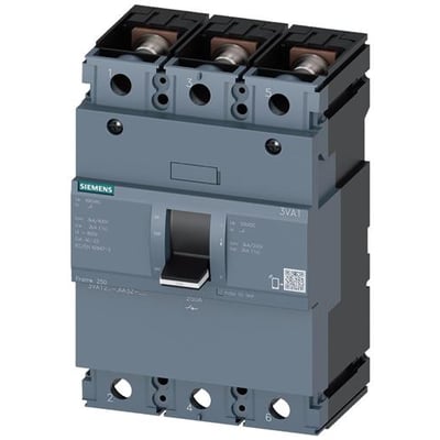 Siemens 3VA1 maksimalafbryder med tre poler, vist forfra med betjeningsgreb og tilslutninger.