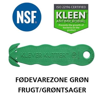 Grøn Klever NSF kniv med skjult klinge, NSF og Kleen Antimicrobial certificeringer fremhævet.