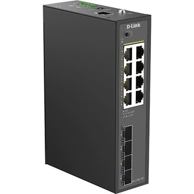 D-Link DIS-210G-12P industriel PoE-switch i sort, vist skråt forfra med Ethernet- og SFP-porte.