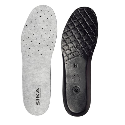 Sika Footwear 165 Basic indlægssåler i størrelse 50, viste med over- og underside, grå tekstil med prikker og sort stødabsorberende gummi.