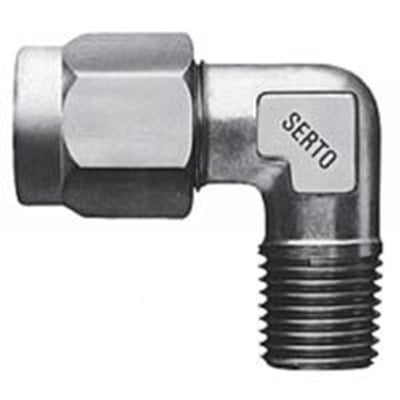 SO42421 messing vinkel union med udvendigt gevind 8x1/4", viser metallet og SERTO logo.