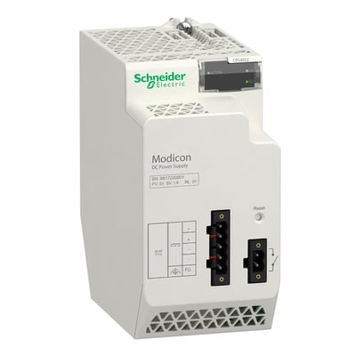 Schneider Electric Modicon DC Power Supply, 40W, 24-48 Vdc, med indgangs- og udgangsterminaler samt statusindikatorer.