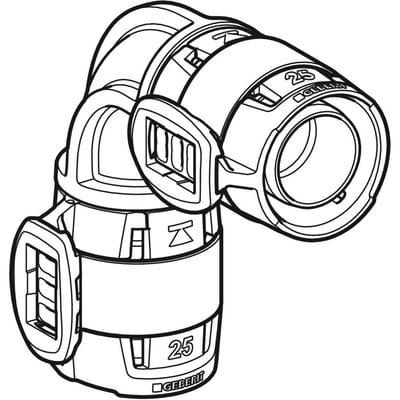 Geberit FlowFit 90-graders bøjning i sort PPSU med 40mm diameter, visning fra siden med tydelige samlinger.