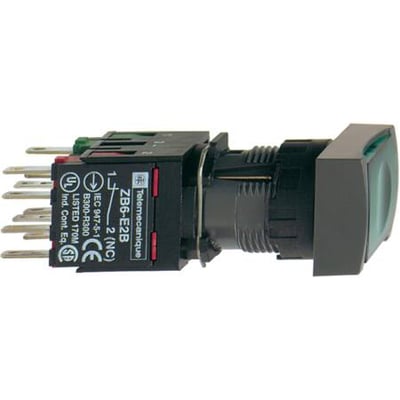 Schneider Electric XB6DW3B5B trykknap med rektangulært, grønt trykhoved og grøn indikator på sort baggrund.
