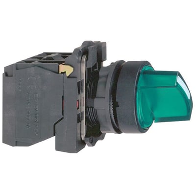 Sidevisning af Schneider Electric drejeafbryder XB5AK13M5 med mærkninger og grøn betjeningshåndtag.