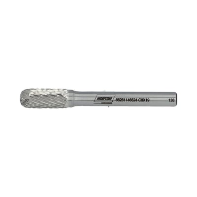 Norton BDX hårdmetalfræser, form C, 8 x 19 x 64 mm, set fra siden med riflet fræsehoved og lige skaft.