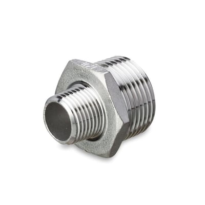 Brystnippel i rustfrit stål 3"x2" EN 1.4408 / 316-CF8M, 20 bar, med konisk gevind på hvid baggrund.