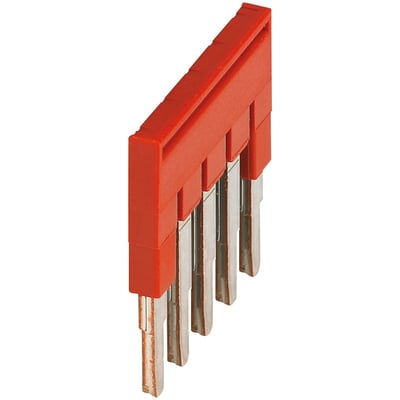 Schneider Electric rød 5-polet laske til push-in, 2,5mm², med synlige metalstifter og et isolerende rødt plasthus.