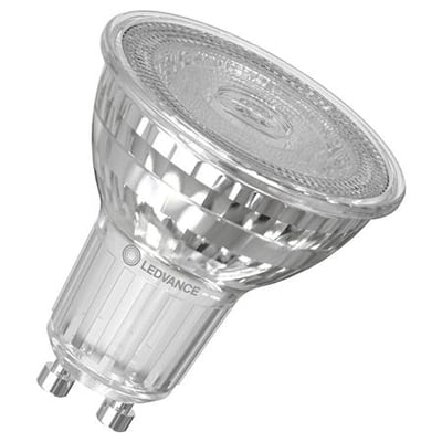 Alternativ vinkel af Ledvance LED PAR16 lyskilde med GU10 sokkel og klar glasoverflade.