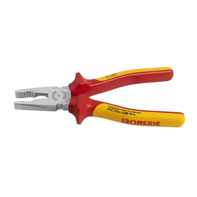 Ironside kombinationstang på 180 mm med forkromet hoved og røde og gule VDE-greb til arbejde op til 1000 V.