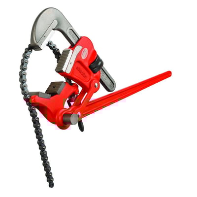 Ridgid S-6A dobbeltvirkende rørtang i rød metal med kæde, viser den udvekslede kraftmekanisme og tandede kæber.